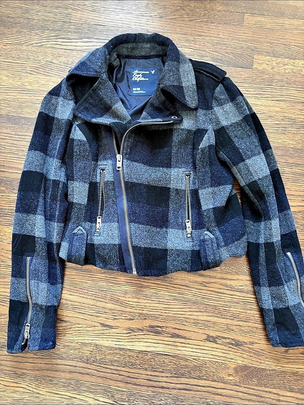 American Eagle Outfitters Plaid Wool Moto Jacket Blue & Black Medium